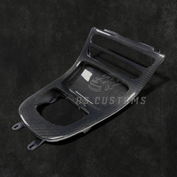 RS Customs Mercedes-Benz W213 E-Class AMG E53 E63 carbon fiber center console and gear surround trim replacement for 2019+ LCI models with OEM-style fitment.