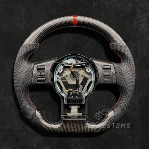 RS Customs Nissan 350Z custom steering wheel with carbon fiber, perforated leather grips, carbon trim and optional leather or Alcantara airbag cover for Z33 models.