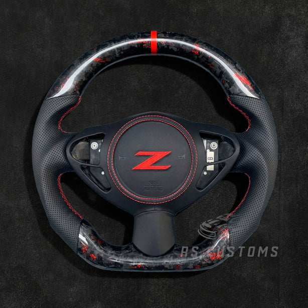 RS Customs Nissan 370Z custom steering wheel with forged carbon fiber, colored flakes, leather grips and optional custom airbag cover for Z34 models
