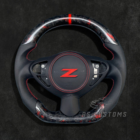 RS Customs Nissan 370Z custom steering wheel with forged carbon fiber, colored flakes, leather grips and optional custom airbag cover for Z34 models