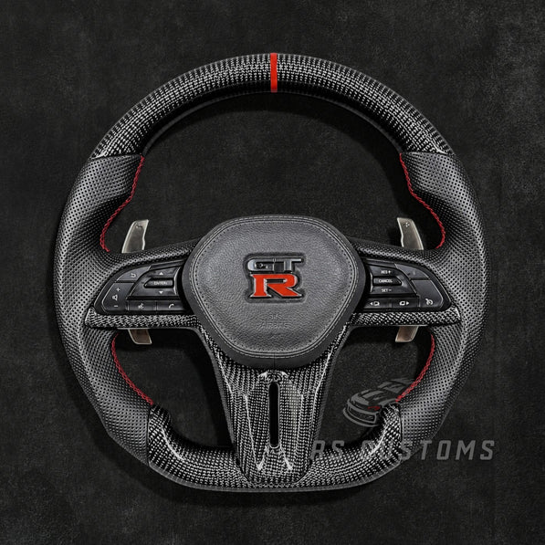 RS Customs Nissan GT-R R35 Facelift custom steering wheel with carbon fiber, perforated leather grips and OEM+ motorsport styling for 2017–2024 GT-R models.