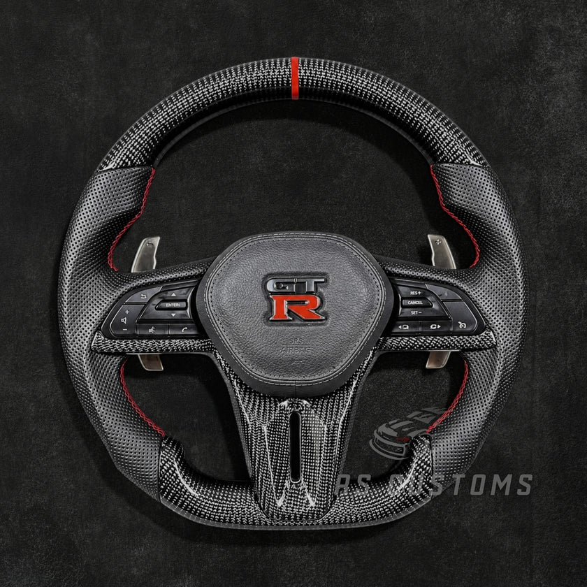 RS Customs Nissan GT-R R35 Facelift custom steering wheel with carbon fiber, perforated leather grips and OEM+ motorsport styling for 2017–2024 GT-R models.