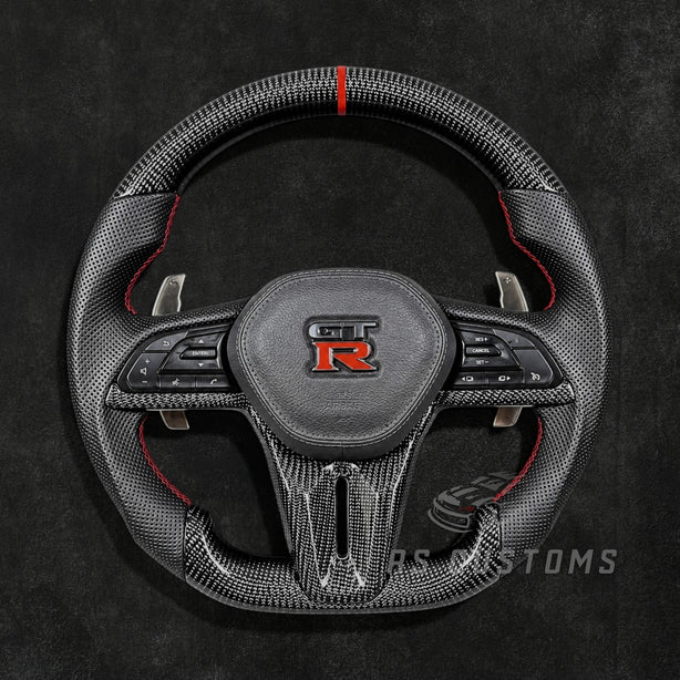 RS Customs Nissan GT-R R35 Facelift custom steering wheel with carbon fiber, perforated leather grips and OEM+ motorsport styling for 2017–2024 GT-R models.