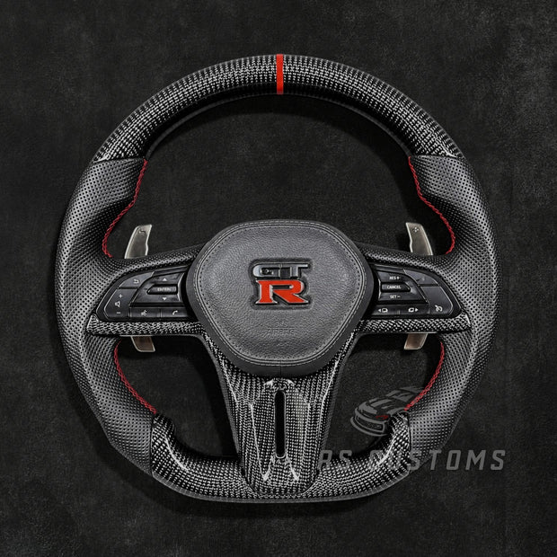 RS Customs Nissan GT-R R35 Facelift custom steering wheel with carbon fiber, perforated leather grips and OEM+ motorsport styling for 2017–2024 GT-R models.