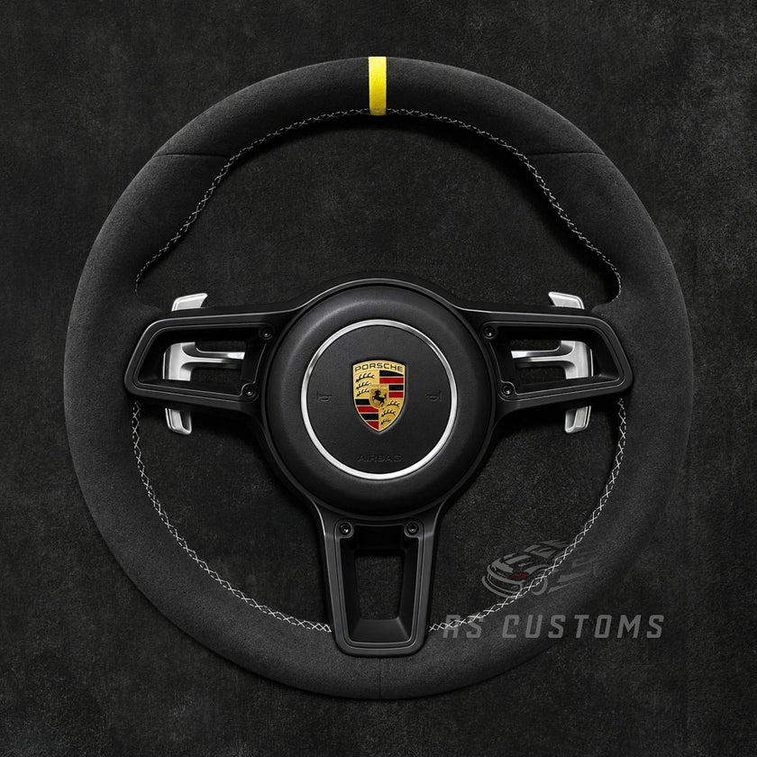 RS Customs Porsche 911 991.2 custom steering wheel with full Alcantara, optional multifunction buttons, standard or magnetic paddle shifters, heating support and optional custom airbag.