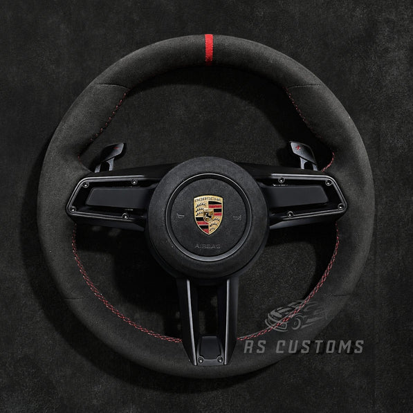 RS Customs Porsche 911 992.1 custom steering wheel with full Alcantara, optional Drive Mode Selector opening, multifunction buttons, paddle shifters and custom airbag options for Carrera, GTS, Turbo and GT3 models.