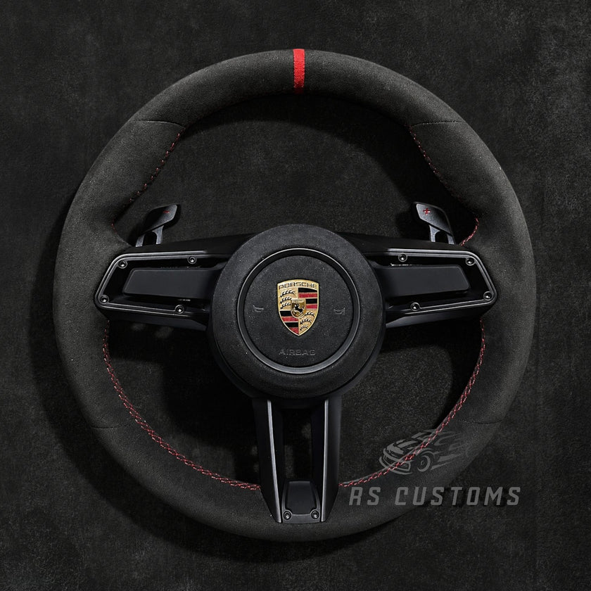 RS Customs Porsche 911 992.1 custom steering wheel with full Alcantara, optional Drive Mode Selector opening, multifunction buttons, paddle shifters and custom airbag options for Carrera, GTS, Turbo and GT3 models.