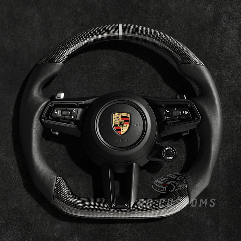 RS Customs Porsche 911 992.1 custom steering wheel with plain weave carbon fiber, Nappa leather, multifunction buttons, paddle shifters and optional custom airbag for Carrera, GTS, Turbo and GT3 models.