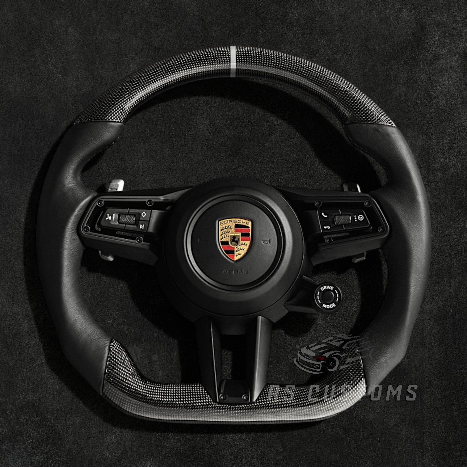 RS Customs Porsche 911 992.1 custom steering wheel with plain weave carbon fiber, Nappa leather, multifunction buttons, paddle shifters and optional custom airbag for Carrera, GTS, Turbo and GT3 models.