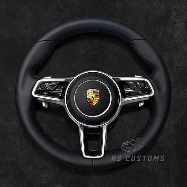 RS Customs Porsche custom steering wheel with full leather OEM-look design for 911, Cayenne, Macan, Panamera, Taycan and 718 models from 2015–2023, with conversion options for older Porsche models.