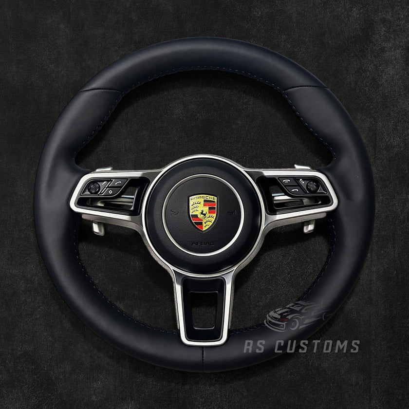 RS Customs Porsche custom steering wheel with full leather OEM-look design for 911, Cayenne, Macan, Panamera, Taycan and 718 models from 2015–2023, with conversion options for older Porsche models.