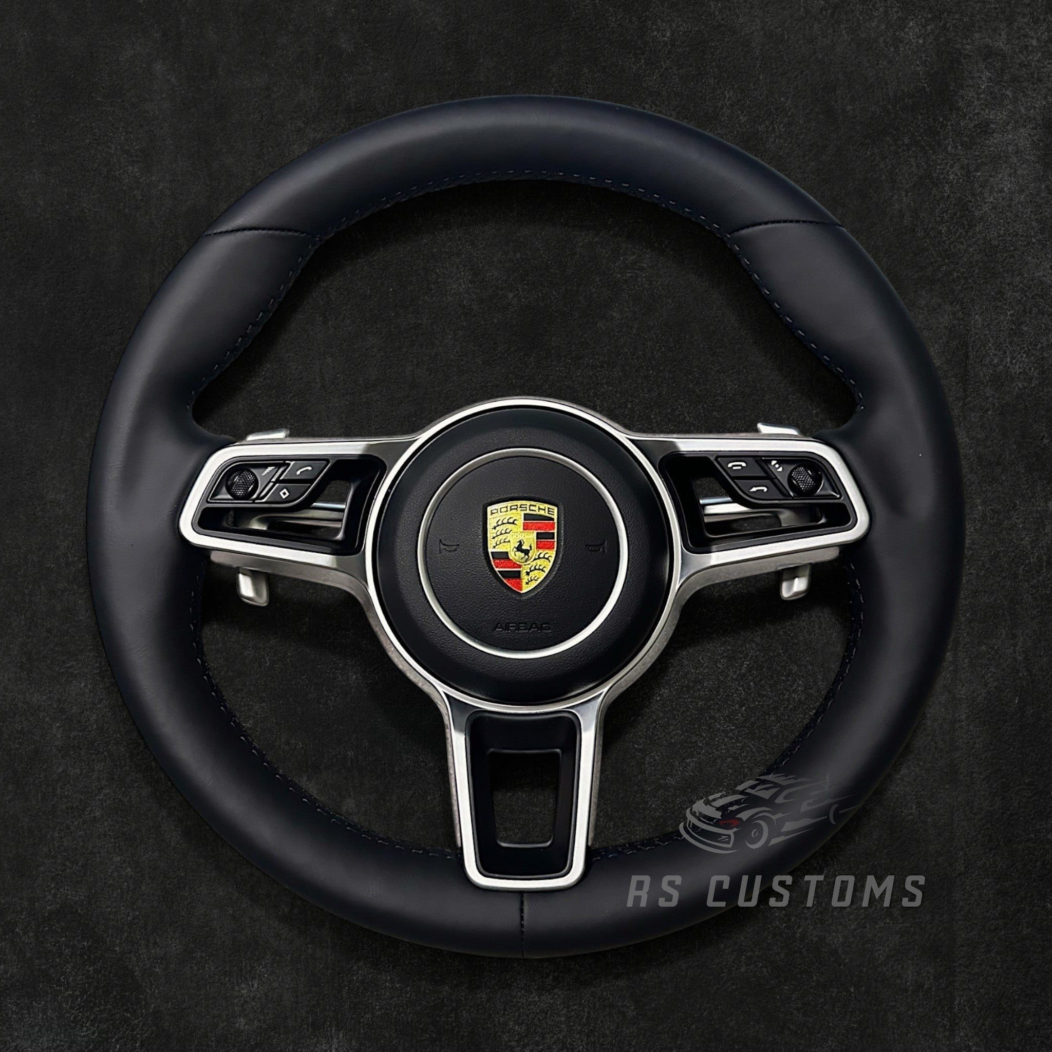RS Customs Porsche custom steering wheel with full leather OEM-look design for 911, Cayenne, Macan, Panamera, Taycan and 718 models from 2015–2023, with conversion options for older Porsche models.