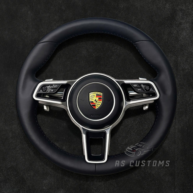 RS Customs Porsche custom steering wheel with full leather OEM-look design for 911, Cayenne, Macan, Panamera, Taycan and 718 models from 2015–2023, with conversion options for older Porsche models.