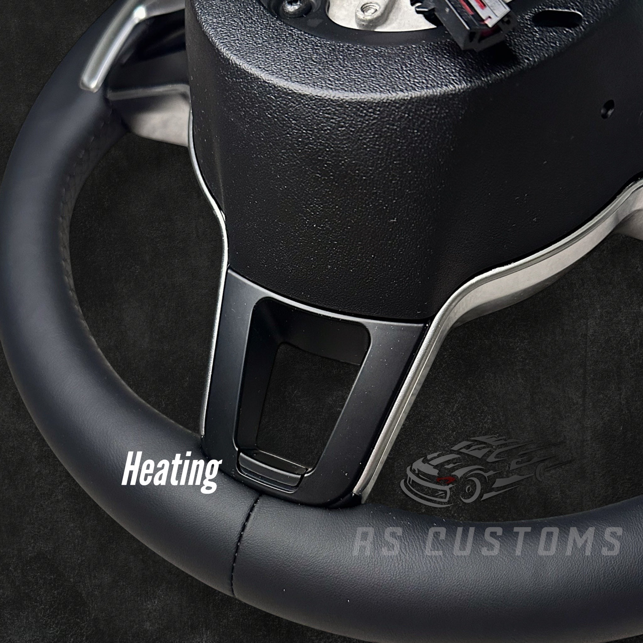 RS Customs Porsche custom steering wheel with full leather OEM-look design for 911, Cayenne, Macan, Panamera, Taycan and 718 models from 2015–2023, with conversion options for older Porsche models.