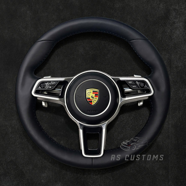 RS Customs Porsche custom steering wheel with full leather OEM-look design for 911, Cayenne, Macan, Panamera, Taycan and 718 models from 2015–2023, with conversion options for older Porsche models.