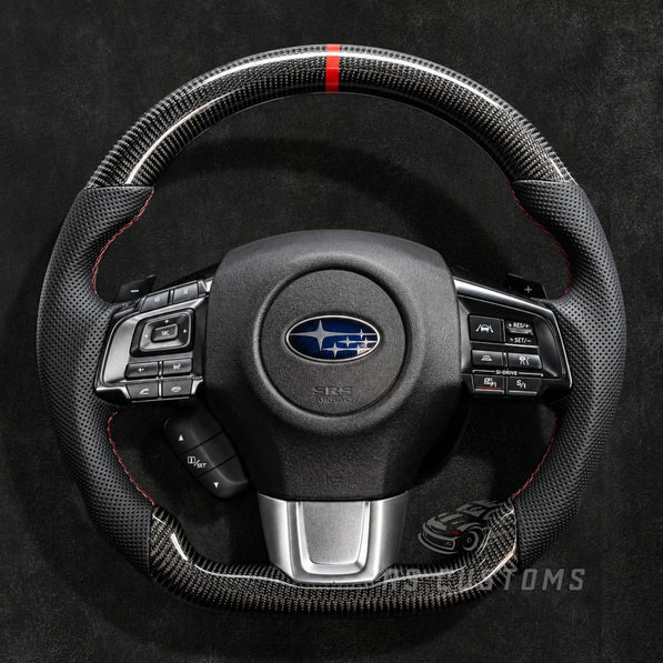 RS Customs Subaru WRX STI custom carbon fiber steering wheel for 2008–2019 models with sporty OEM+ design and optional custom airbag cover.