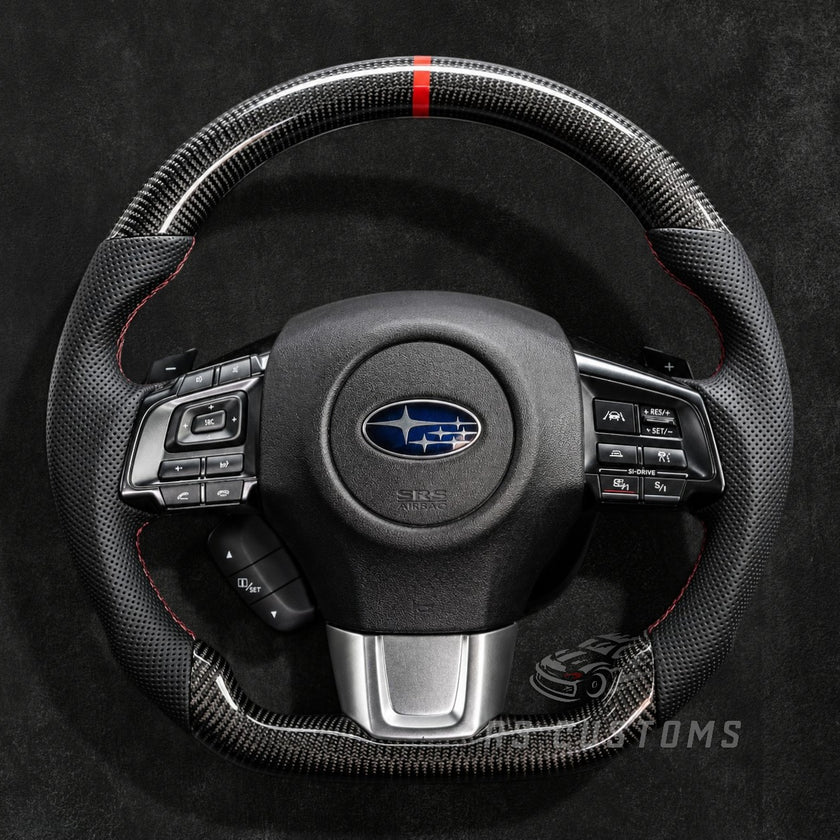 RS Customs Subaru WRX STI custom carbon fiber steering wheel for 2008–2019 models with sporty OEM+ design and optional custom airbag cover.