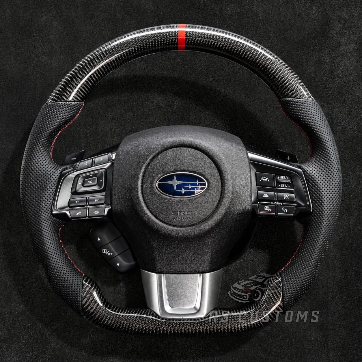RS Customs Subaru WRX STI custom carbon fiber steering wheel for 2008–2019 models with sporty OEM+ design and optional custom airbag cover.