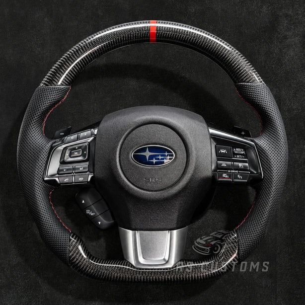 RS Customs Subaru WRX STI custom carbon fiber steering wheel for 2008–2019 models with sporty OEM+ design and optional custom airbag cover.