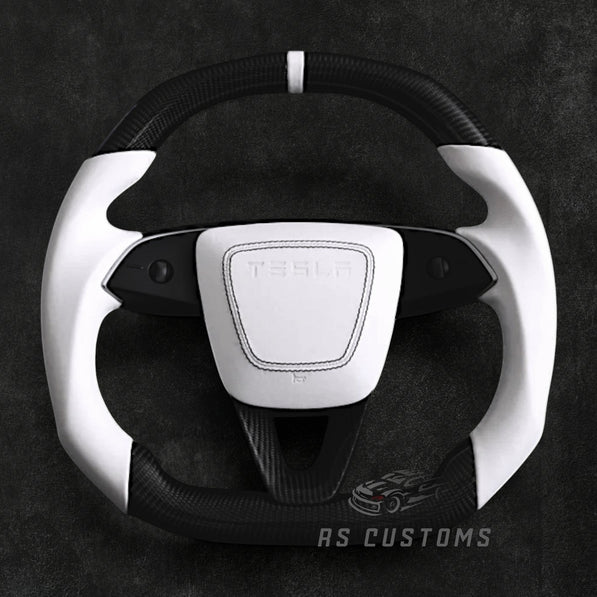 RS Customs Tesla Model 3 Highland and Model Y custom steering wheel with matte carbon fiber, white leather grips, optional heating and airbag cover for 2024+ models.