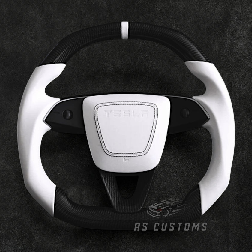 RS Customs Tesla Model 3 Highland and Model Y custom steering wheel with matte carbon fiber, white leather grips, optional heating and airbag cover for 2024+ models.