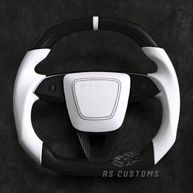RS Customs Tesla Model 3 Highland and Model Y custom steering wheel with matte carbon fiber, white leather grips, optional heating and airbag cover for 2024+ models.