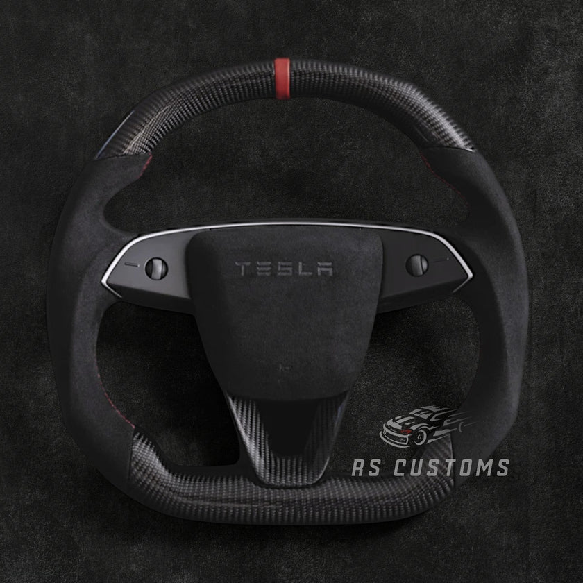 RS Customs Tesla Model 3 Highland and Model Y Juniper custom steering wheel with carbon fiber, Alcantara grips, optional heating and optional airbag cover for 2024+ models.