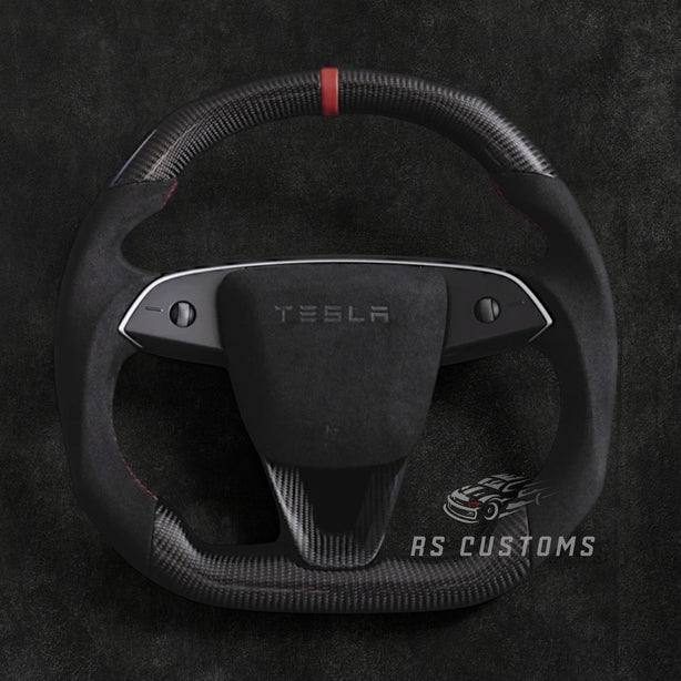 RS Customs Tesla Model 3 Highland and Model Y Juniper custom steering wheel with carbon fiber, Alcantara grips, optional heating and optional airbag cover for 2024+ models.
