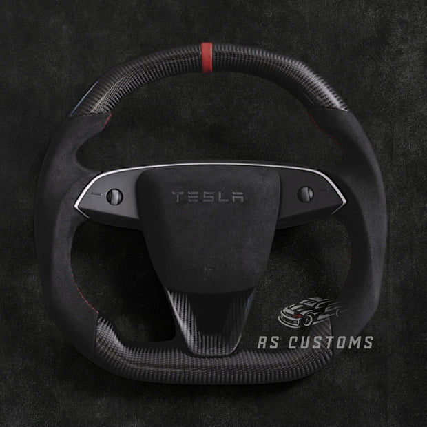 RS Customs Tesla Model 3 Highland and Model Y Juniper custom steering wheel with carbon fiber, Alcantara grips, optional heating and optional airbag cover for 2024+ models.