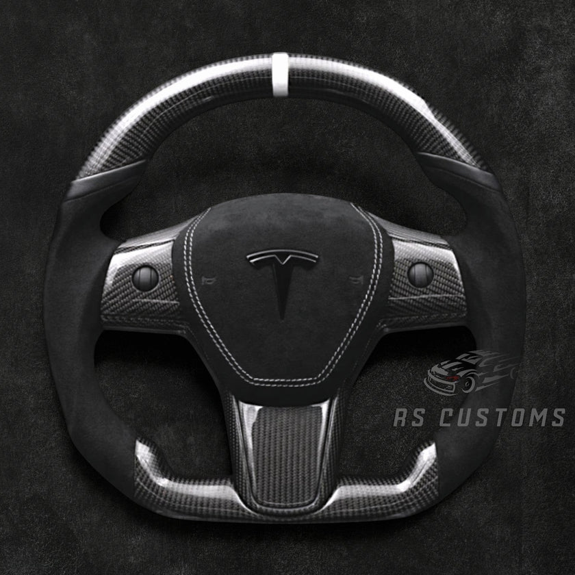 RS Customs Tesla Model 3 and Model Y custom steering wheel with carbon fiber, Alcantara grips, optional heating and optional airbag cover.
