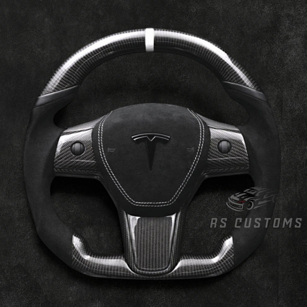 RS Customs Tesla Model 3 and Model Y custom steering wheel with carbon fiber, Alcantara grips, optional heating and optional airbag cover.