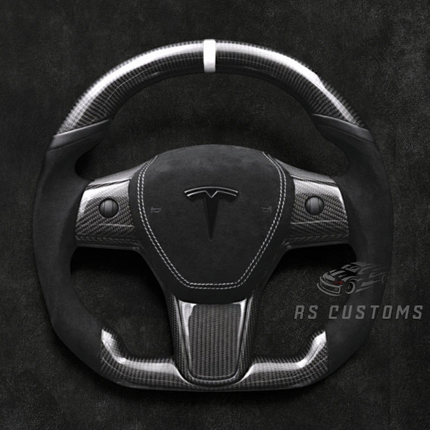 RS Customs Tesla Model 3 and Model Y custom steering wheel with carbon fiber, Alcantara grips, optional heating and optional airbag cover.