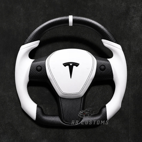 RS Customs Tesla Model 3 and Model Y custom steering wheel with matte carbon fiber, leather grips, optional heating and custom airbag cover for all Model 3 and Model Y variants.