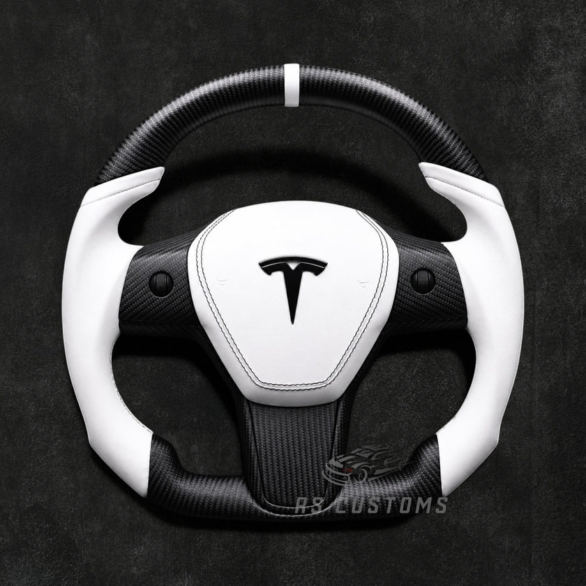 RS Customs Tesla Model 3 and Model Y custom steering wheel with matte carbon fiber, leather grips, optional heating and custom airbag cover for all Model 3 and Model Y variants.