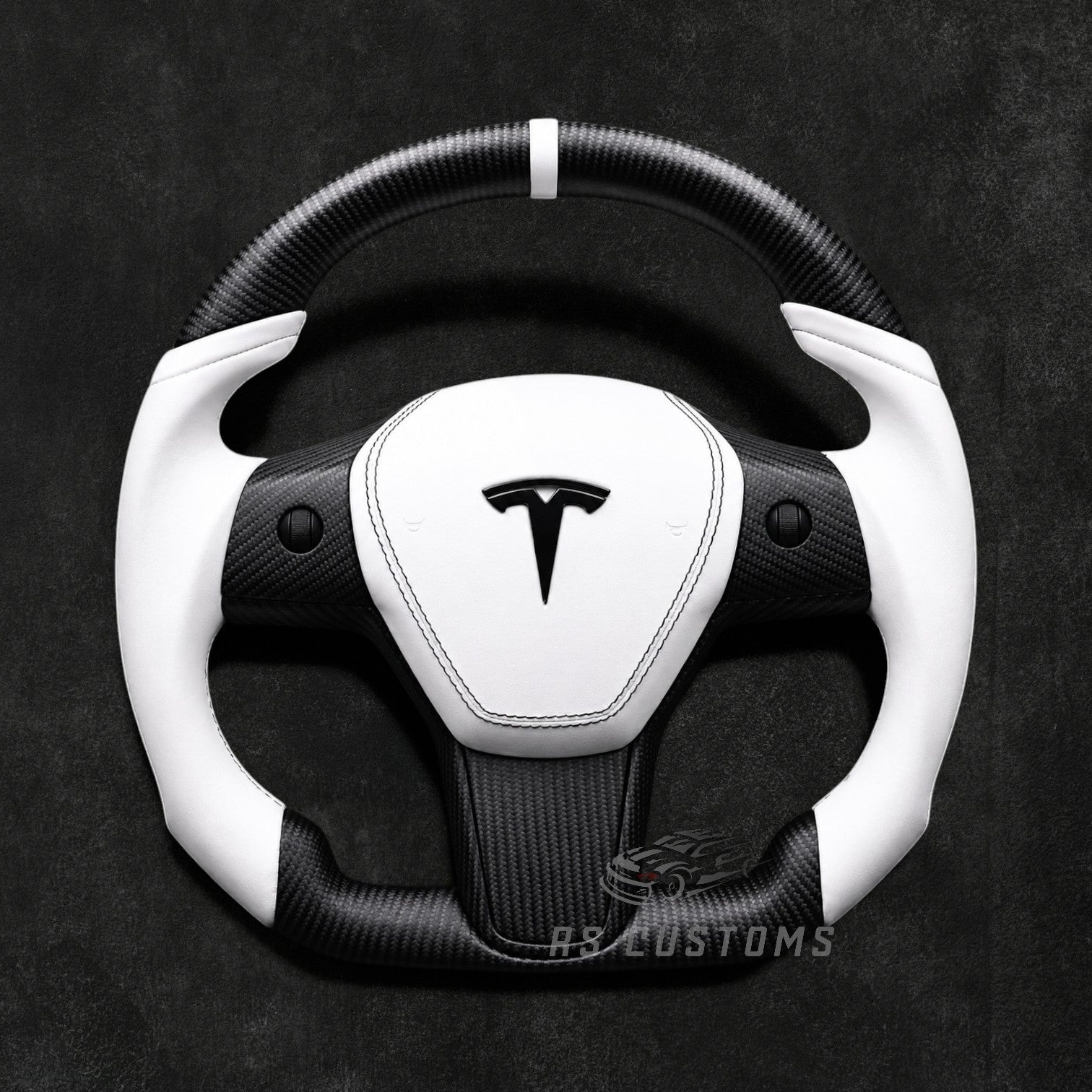 RS Customs Tesla Model 3 and Model Y custom steering wheel with matte carbon fiber, leather grips, optional heating and custom airbag cover for all Model 3 and Model Y variants.