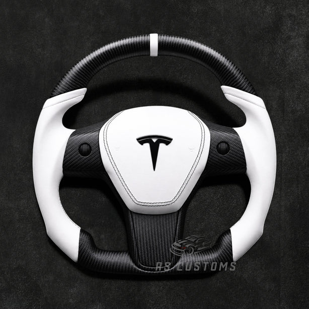 RS Customs Tesla Model 3 and Model Y custom steering wheel with matte carbon fiber, leather grips, optional heating and custom airbag cover for all Model 3 and Model Y variants.