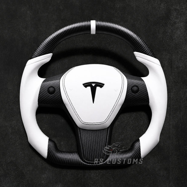 RS Customs Tesla Model 3 and Model Y custom steering wheel with matte carbon fiber, leather grips, optional heating and custom airbag cover for all Model 3 and Model Y variants.