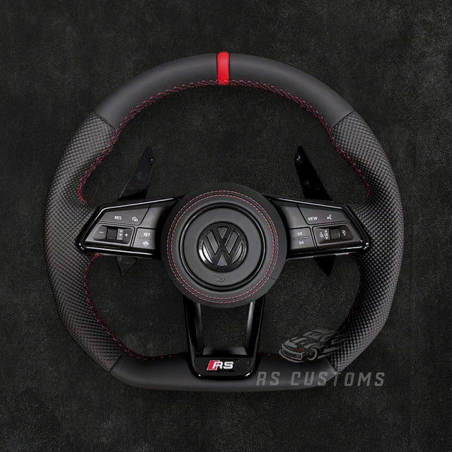 RS Customs Volkswagen RS-style custom steering wheel based on the Audi R8 and TT platform with leather finish, customizable accent colors, airbag, multifunction buttons and paddle shifters.