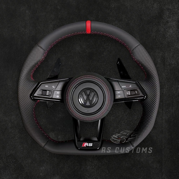 RS Customs Volkswagen RS-style custom steering wheel based on the Audi R8 and TT platform with leather finish, customizable accent colors, airbag, multifunction buttons and paddle shifters.