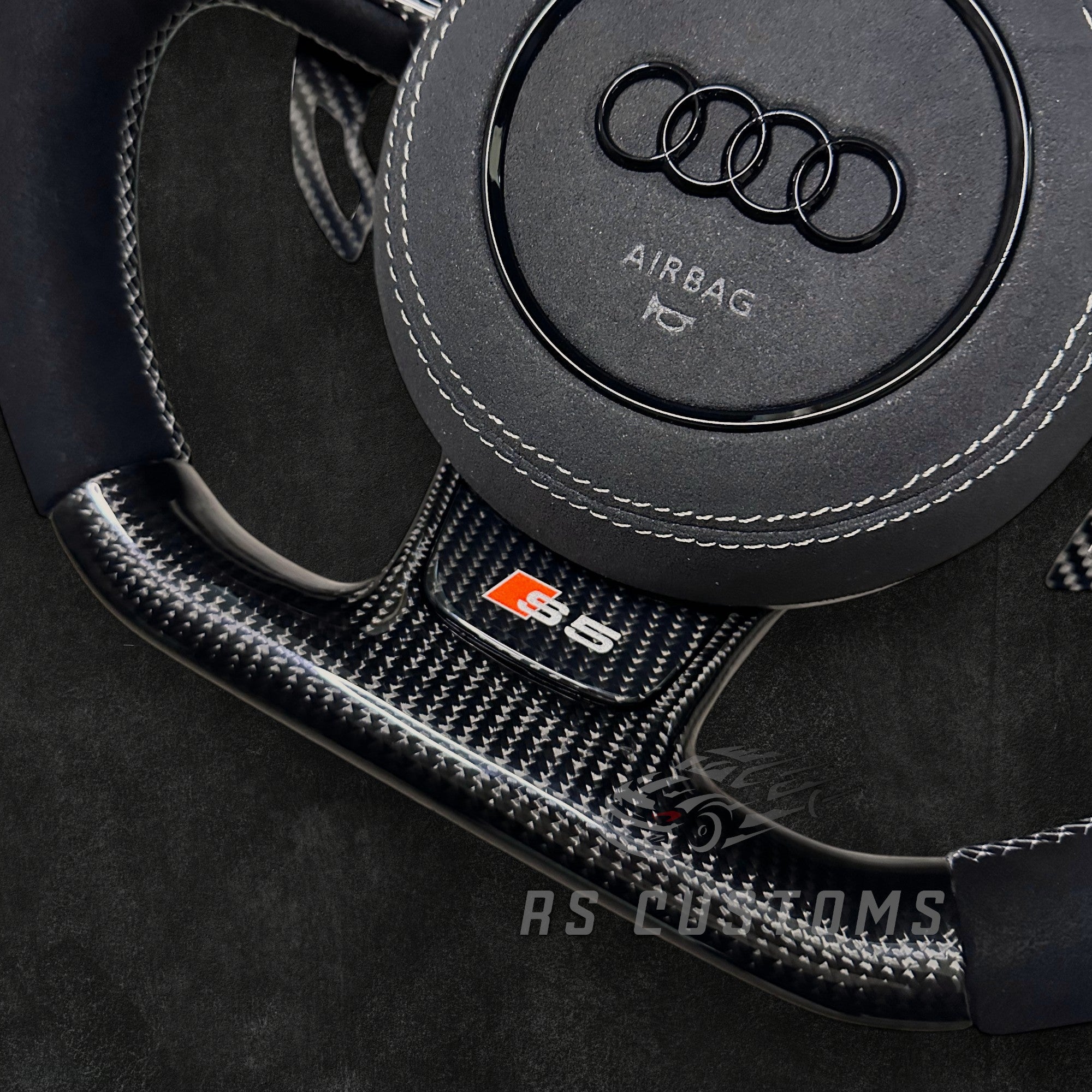 RS CUSTOMS custom steering wheel with carbon fiber, Alcantara, and white stitching for Audi RS 8V/B8.5/C7.
