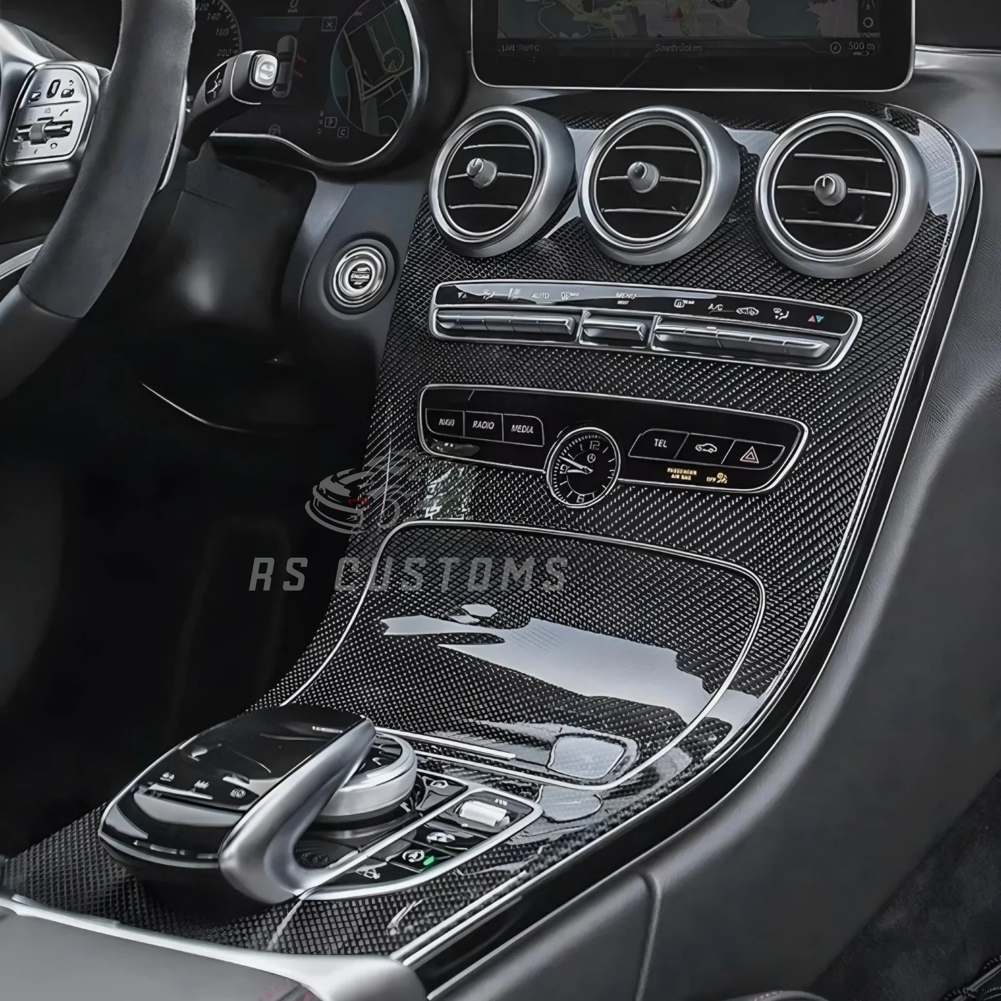 RS CUSTOMS Carbon Fiber Dashboard Trim Replacement for Mercedes-Benz W205 C-Class & AMG LHD. Gloss finish.