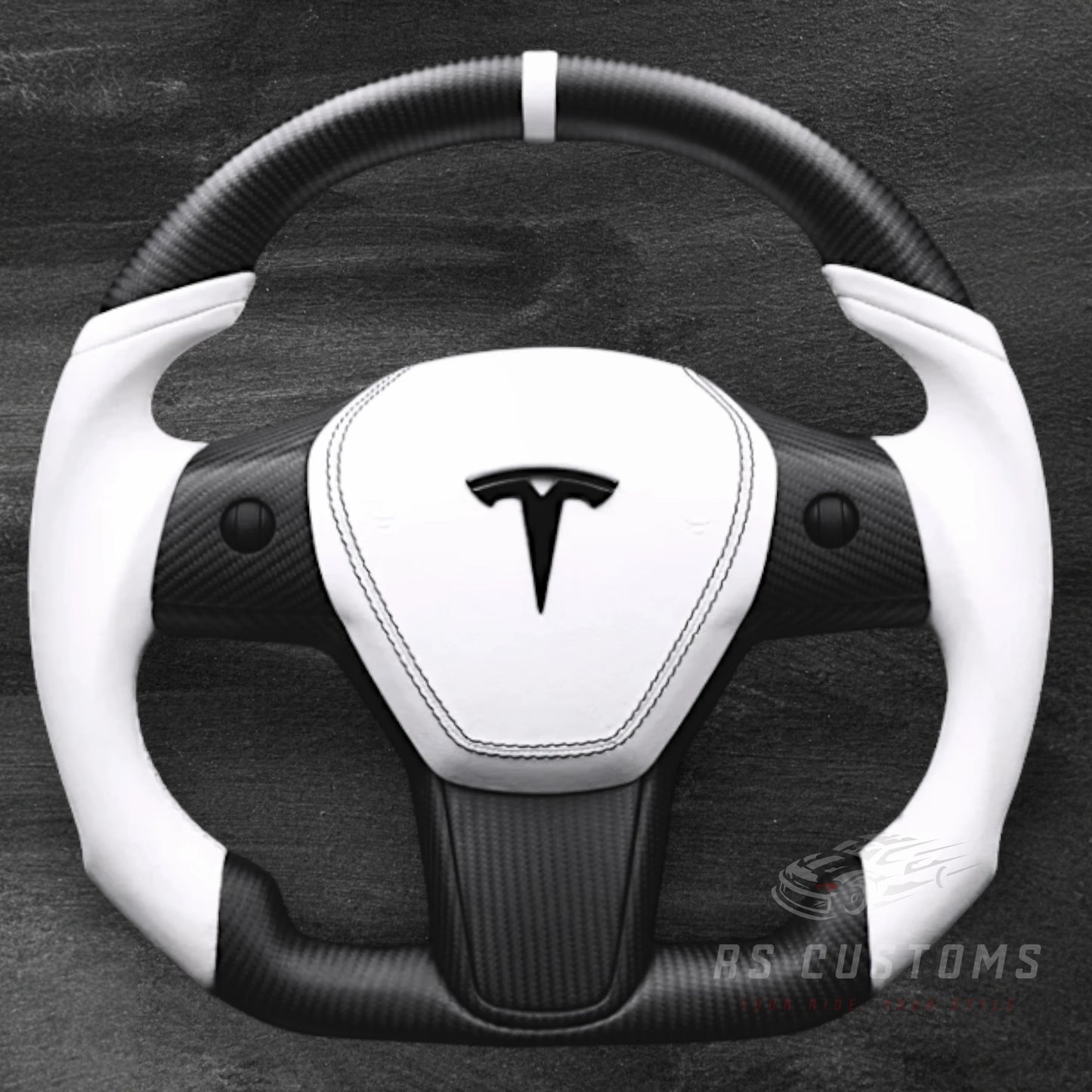 Tesla Model 3 / Y - Matt Carbon & Hvit Skinn Ratt