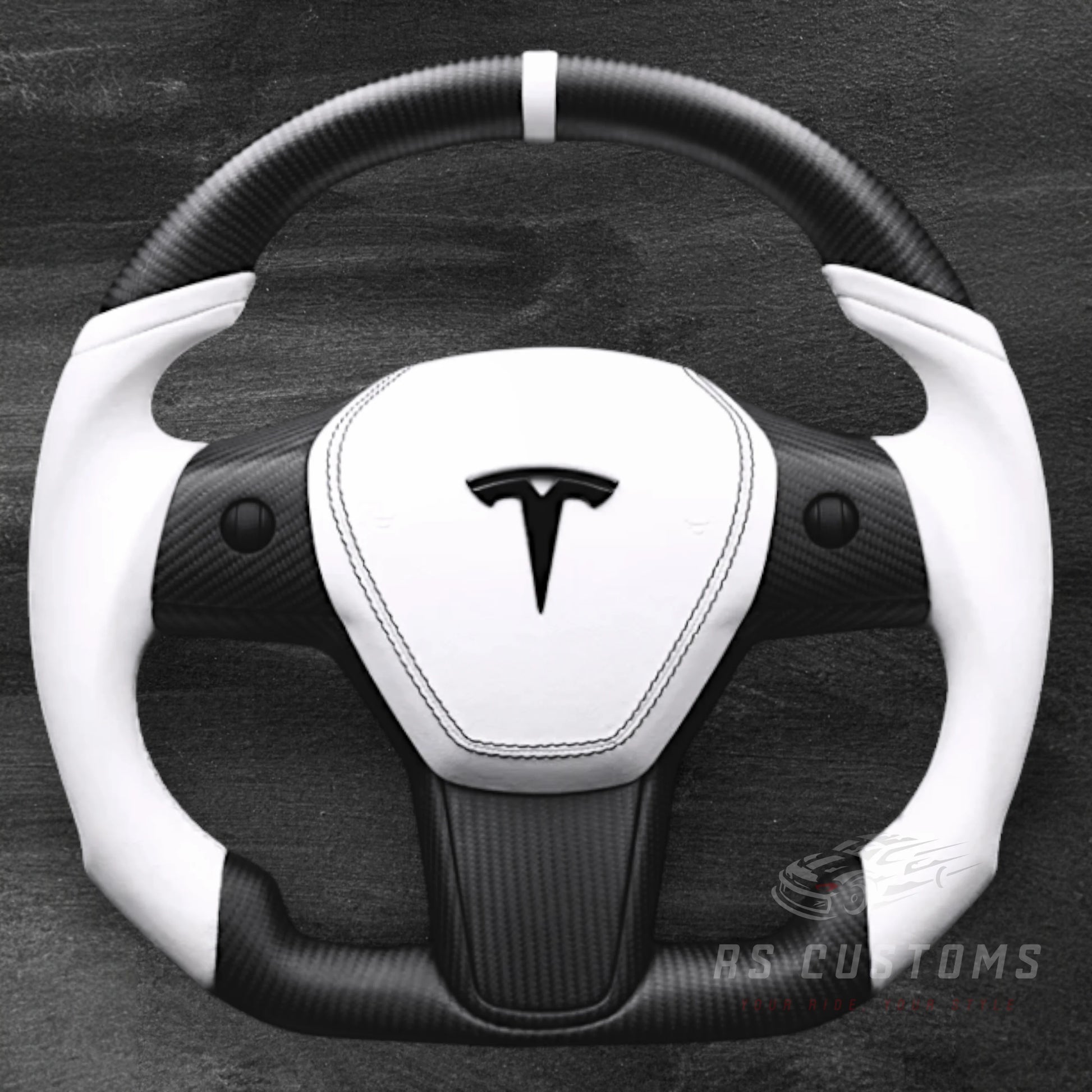 Tesla Model 3 / Y - Matt Carbon & Hvit Skinn Ratt