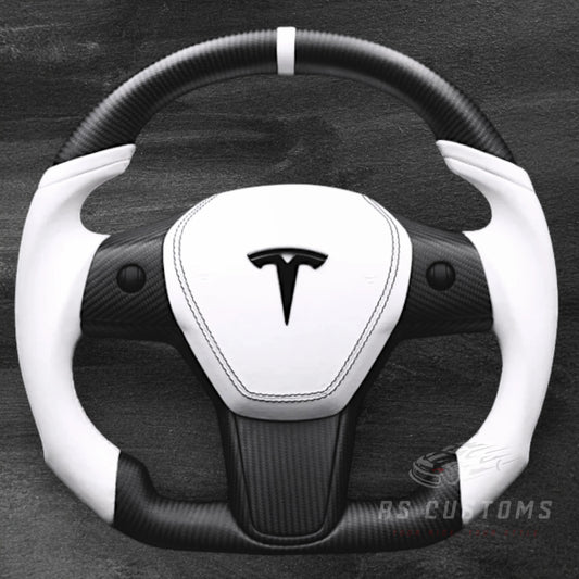 Tesla Model 3 / Y - Matt Carbon & Hvit Skinn Ratt